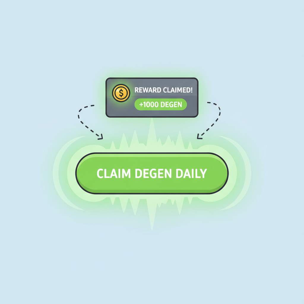 DEGEN daily claim button pulsing, reward notification pop-up, energetic green glow