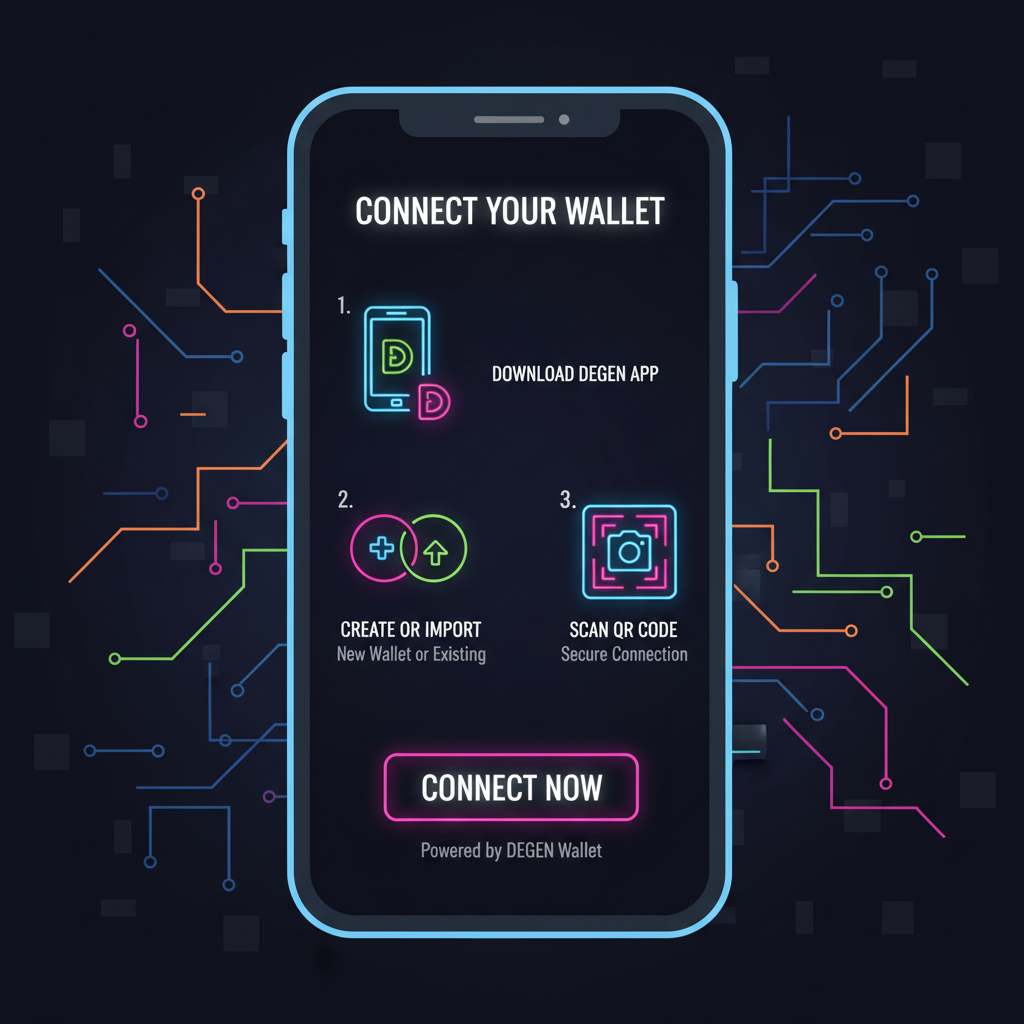vibrant DEGEN app wallet connection screen, neon crypto UI, mobile view