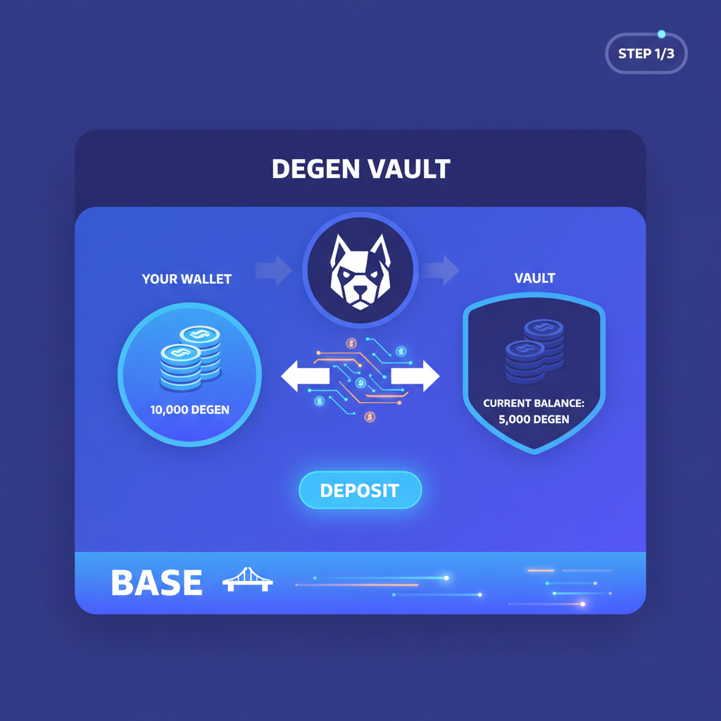 DEGEN vault deposit interface, glowing token transfer animation, Base chain theme