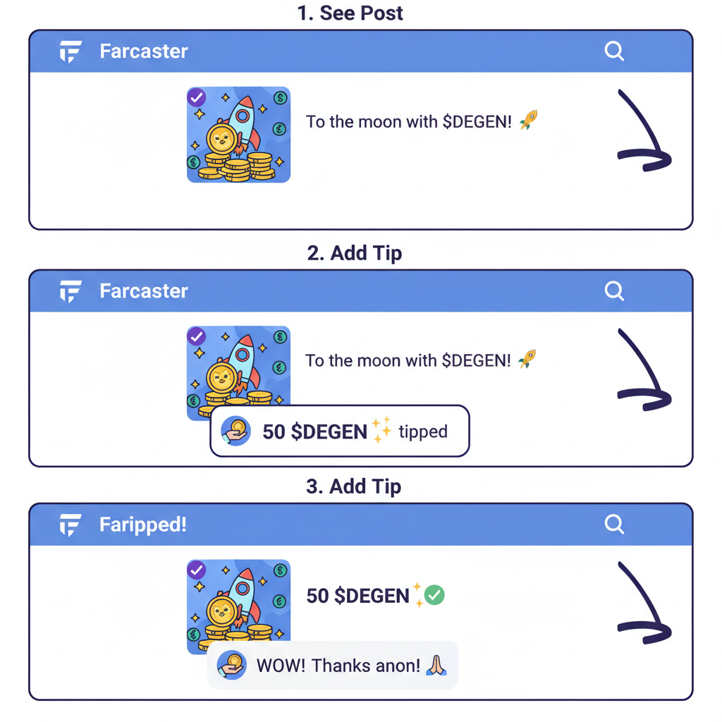 Farcaster post with tipping comment example '50$DEGEN', social feed UI, meme coin sparks