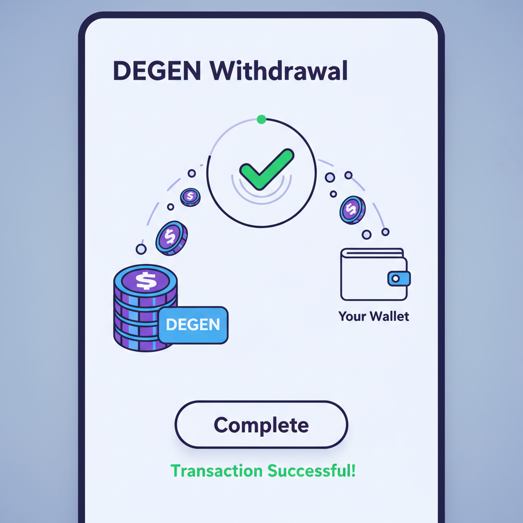 DEGEN app withdrawal screen, tokens flowing to wallet, success checkmark animation