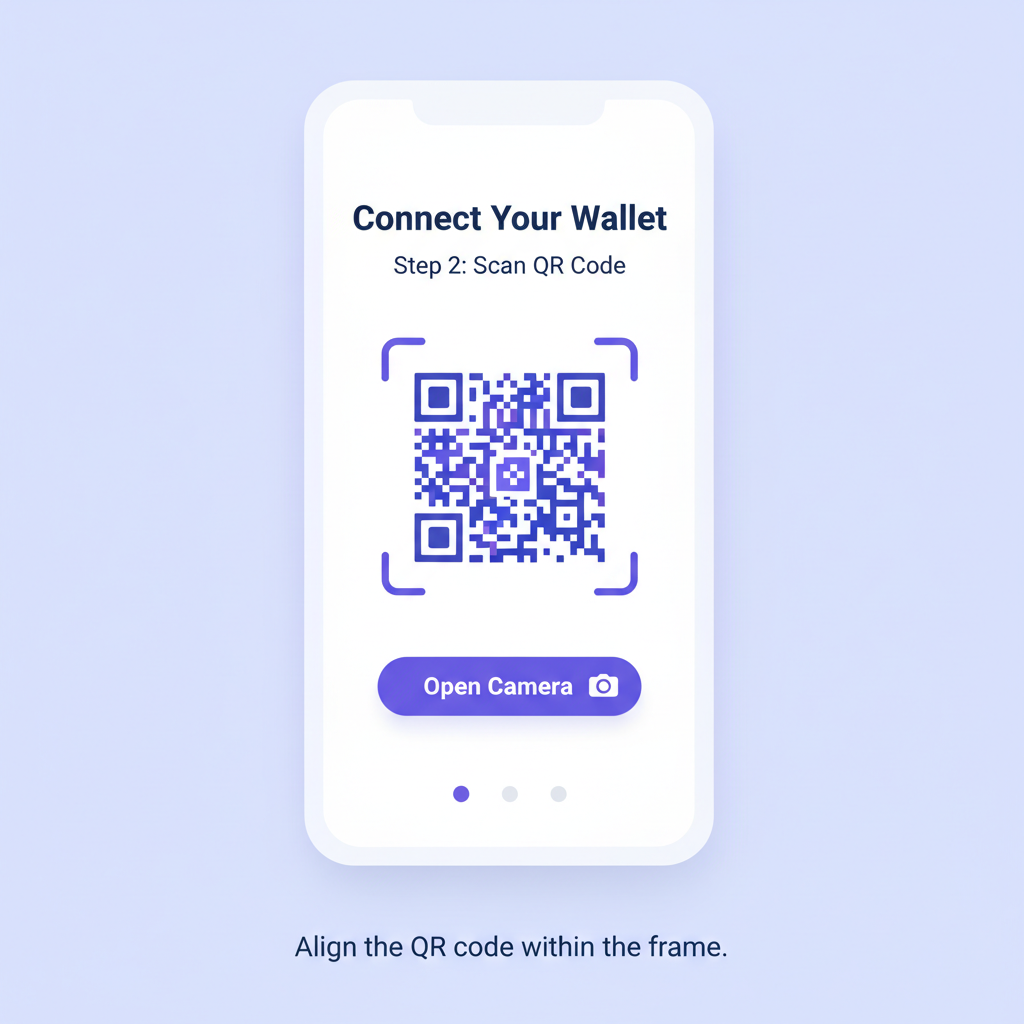 mobile app interface showing Solana wallet connection QR code scan