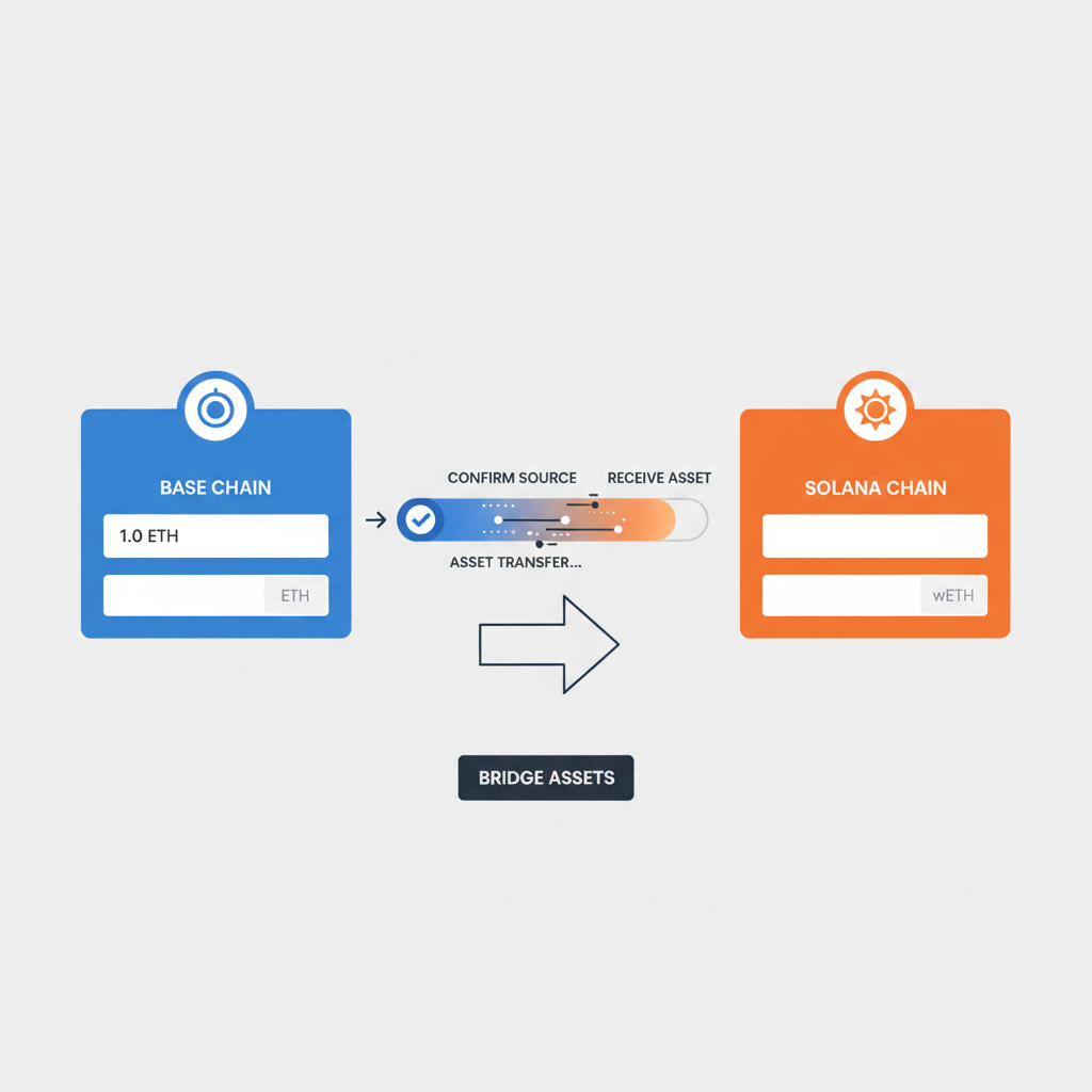 cross-chain bridge UI connecting Base and Solana, asset transfer animation