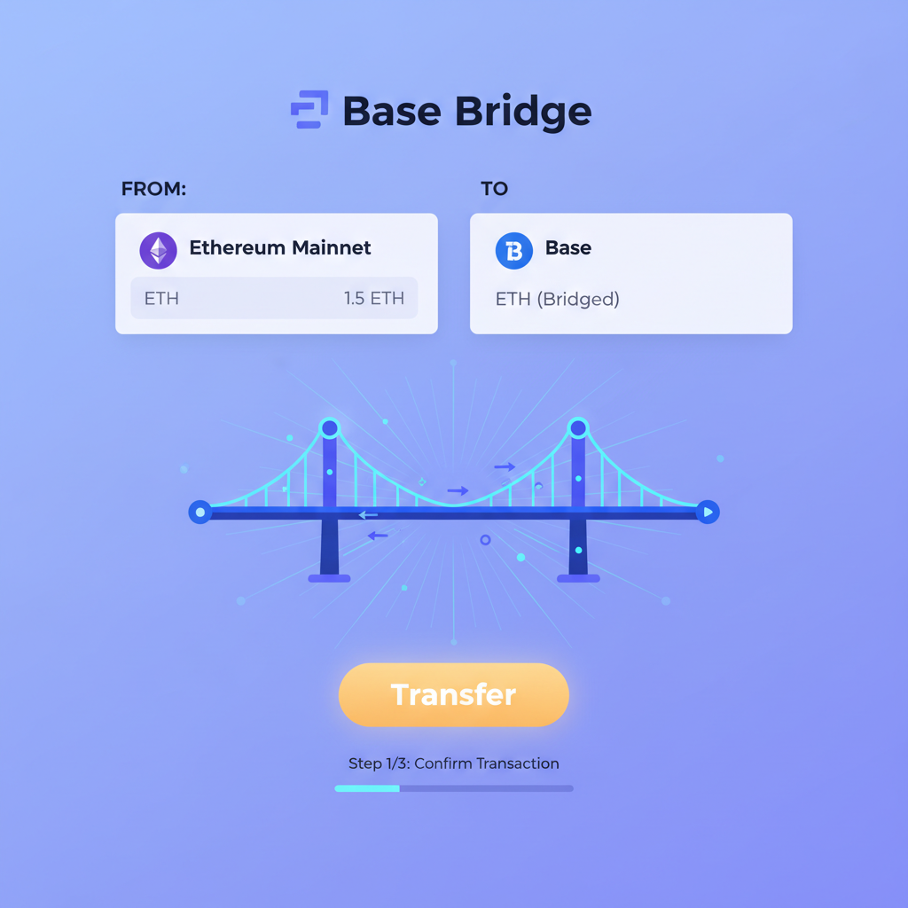 web interface of Base Bridge transferring ETH, glowing bridge graphic between chains