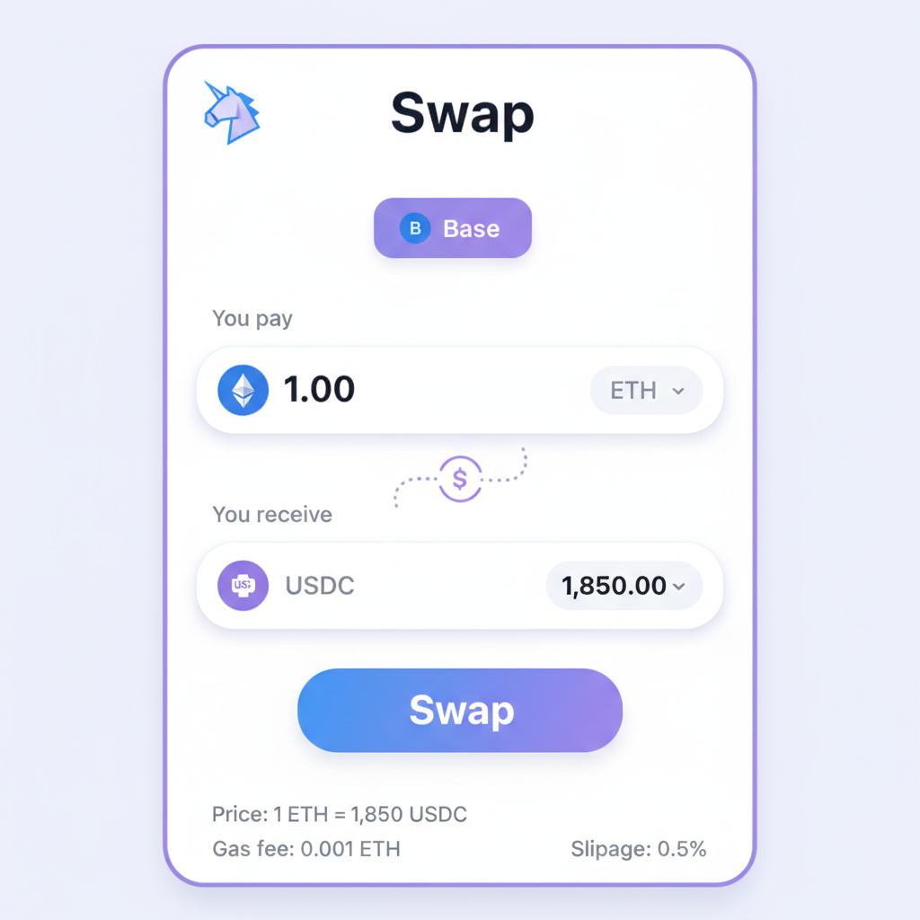 DeFi app interfaces on Base network, Uniswap swap and Aave lending screens