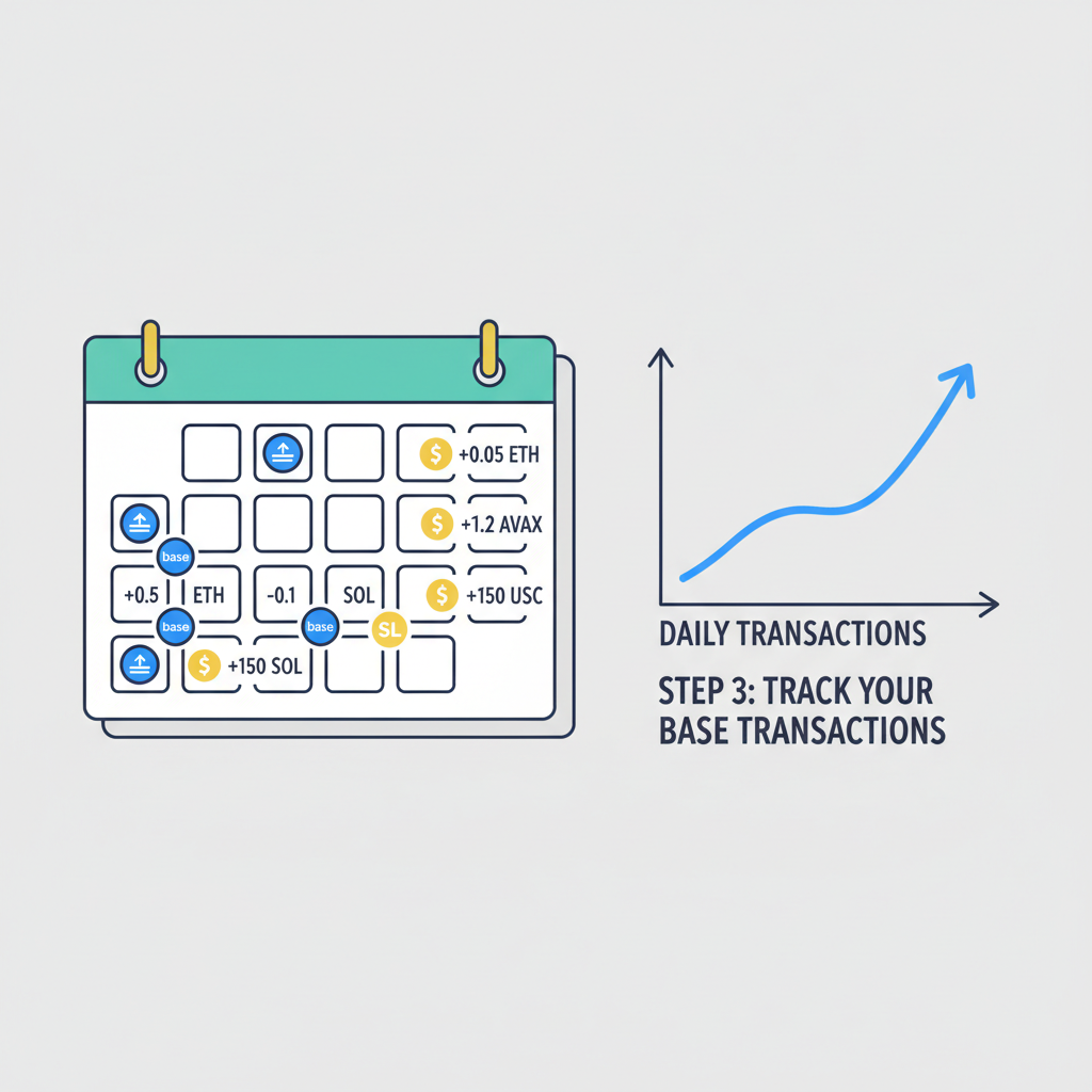 calendar with daily crypto transactions on Base chain, activity graph rising