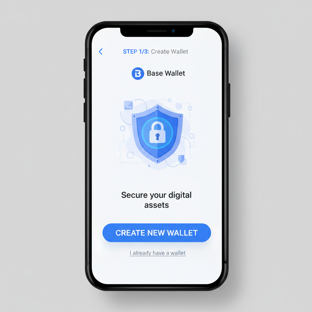 smartphone screen showing Base app wallet setup interface, crypto theme, clean UI