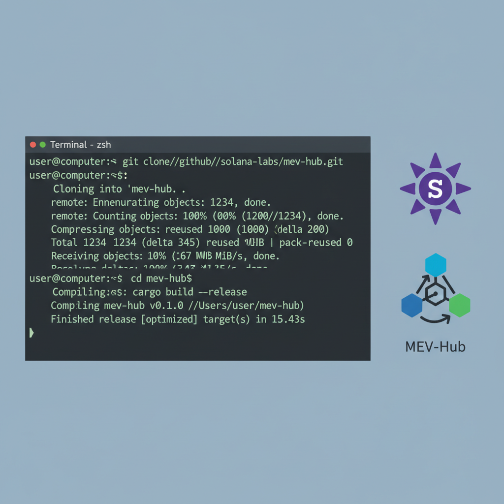 Terminal window cloning GitHub repo and compiling code, Solana MEV-Hub icons, dark mode command line
