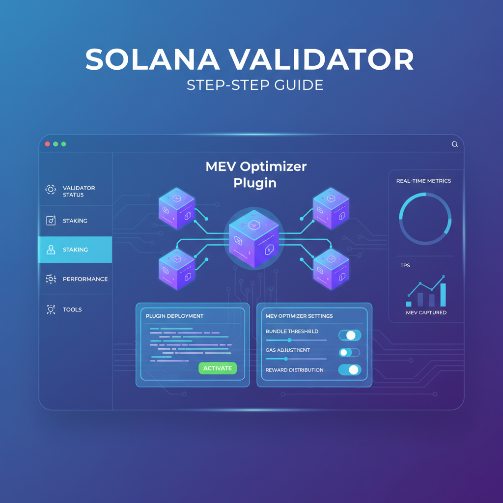 futuristic Solana validator dashboard deploying MEV optimizer plugin with glowing bundles and config panels