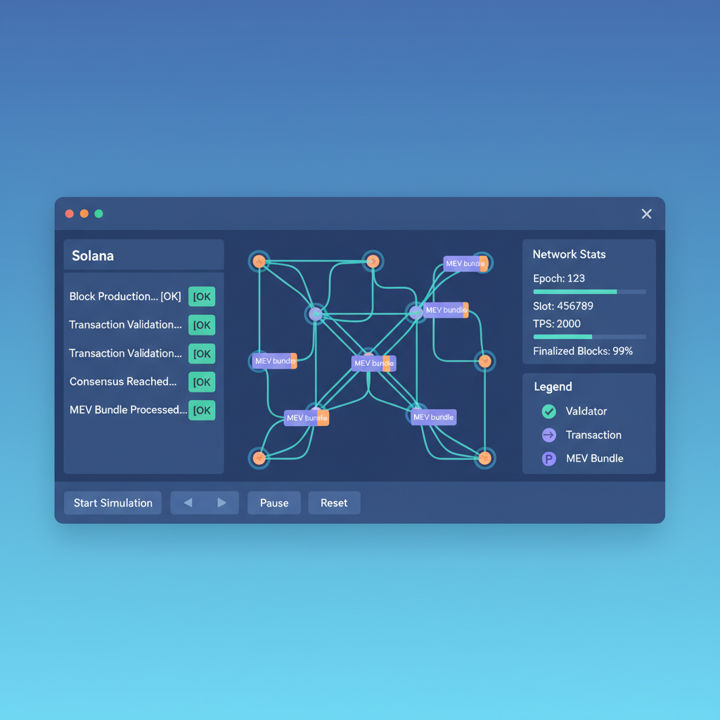 Solana testnet simulation screen with MEV bundles flowing through network graph, green checkmarks on logs