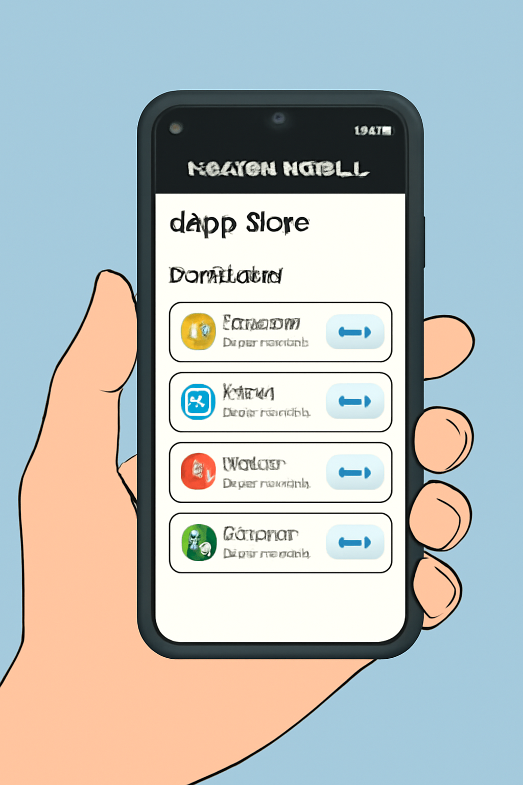 A hand holding a Solana Saga phone with the Solana Mobile dApp Store open, displaying various DePIN apps
