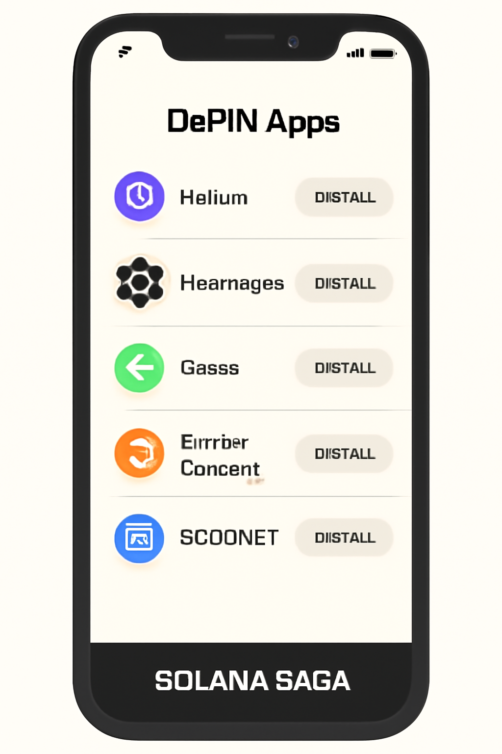 Solana Saga phone screen showing a list of DePIN apps: Helium, Hivemapper, Grass, Render Network, GEODNET, each with an install button