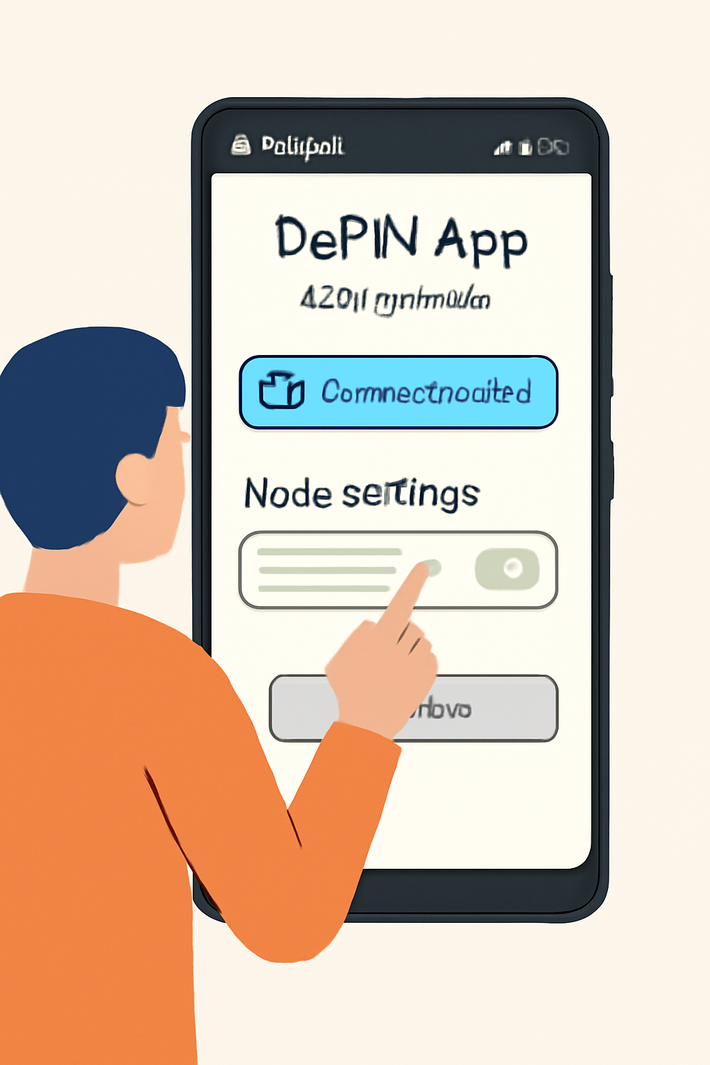 A user interacting with a DePIN app's setup wizard on a Solana Saga phone, connecting a wallet and configuring node settings