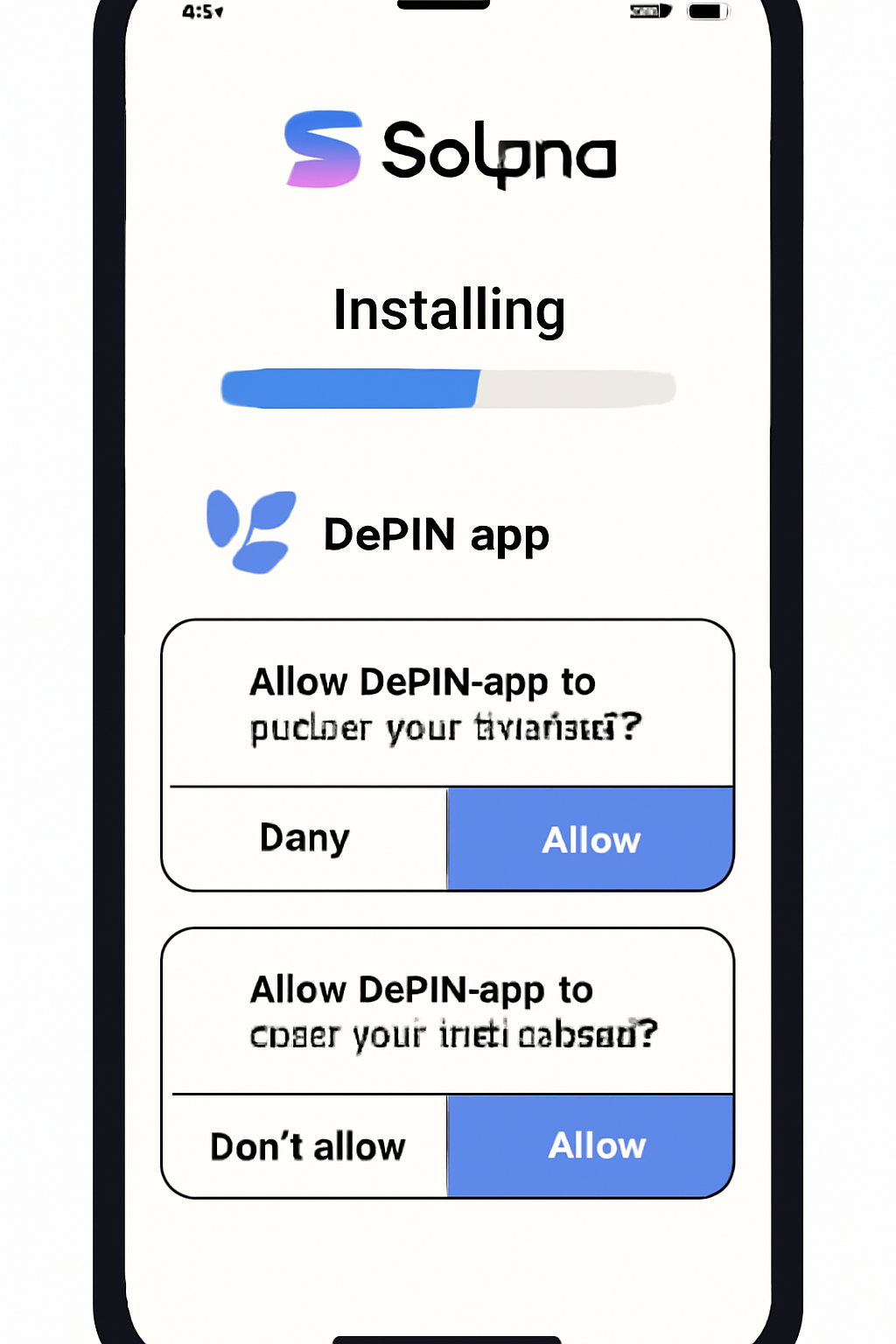 A Solana Saga phone displaying an installation progress bar for a DePIN app, with permission request pop-ups