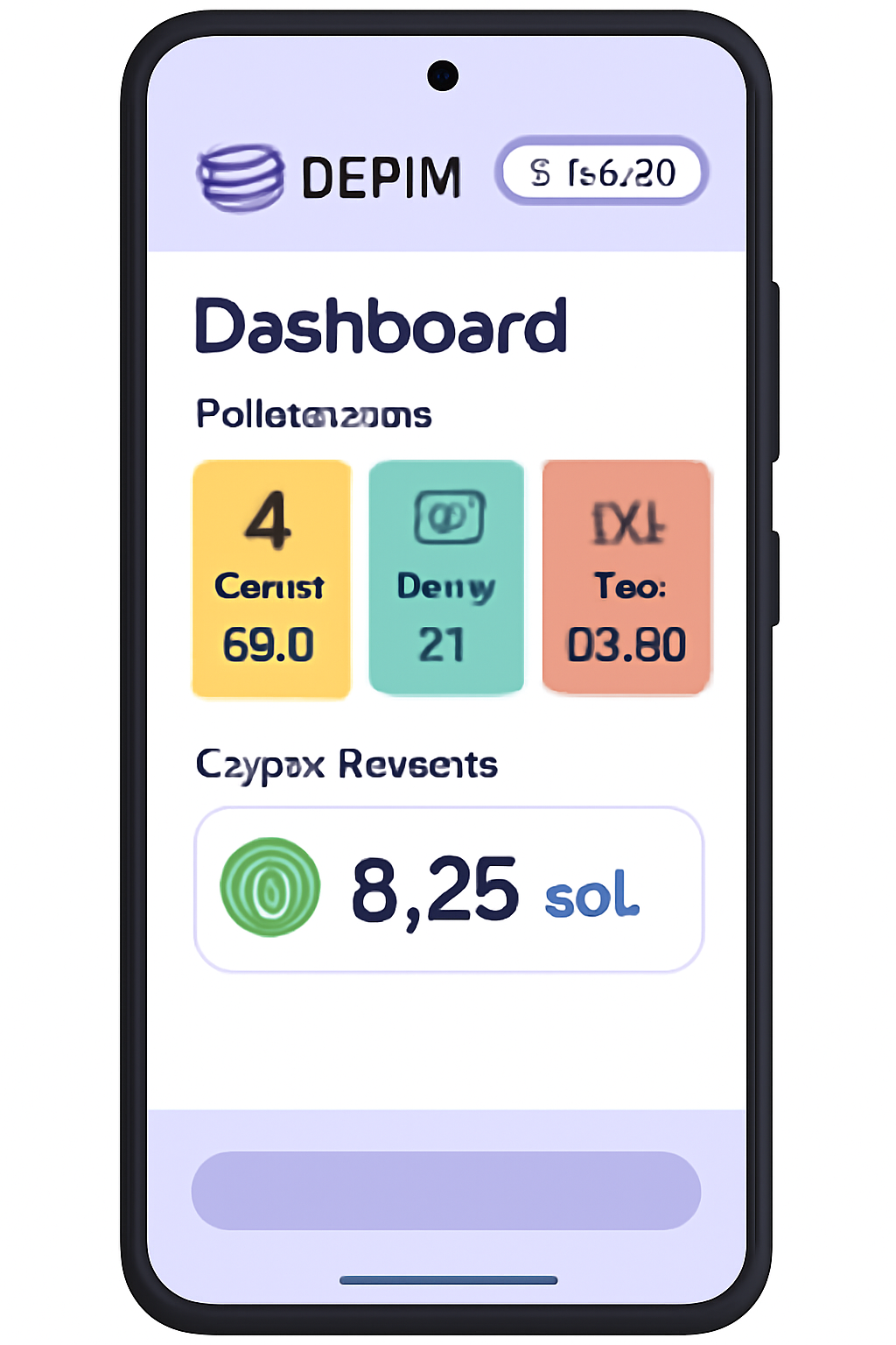 Solana Saga phone displaying a DePIN app dashboard with performance stats and crypto rewards, including SOL price at $184.81