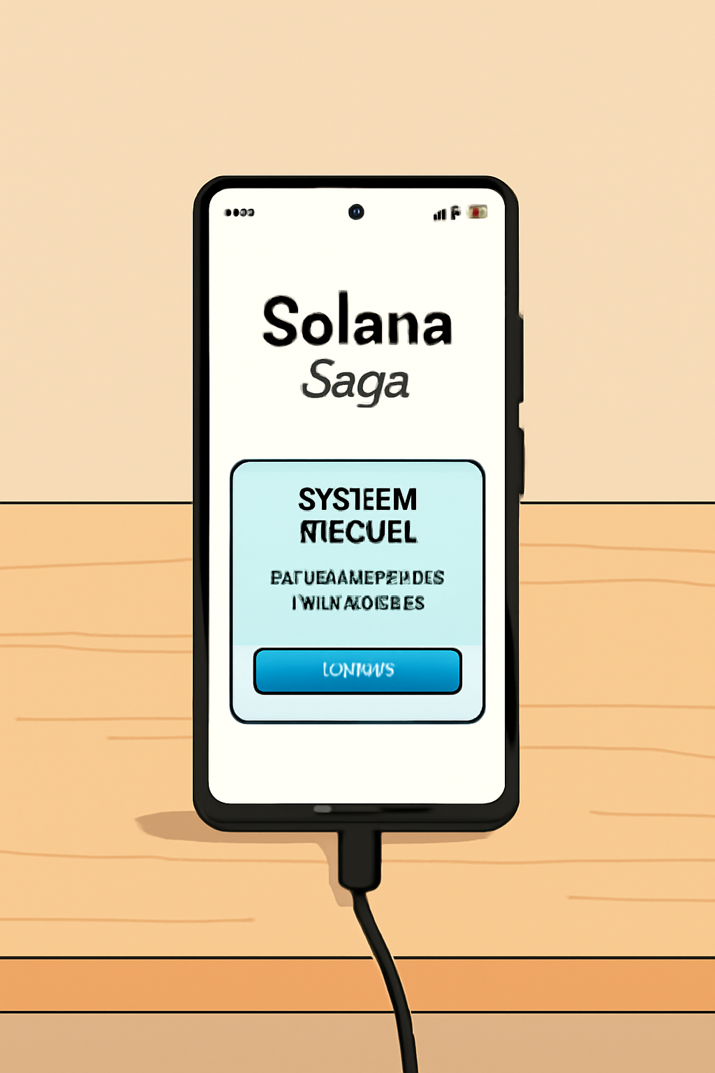 A Solana Saga phone on a table, charging and showing a WiFi connection, with a system update notification on screen