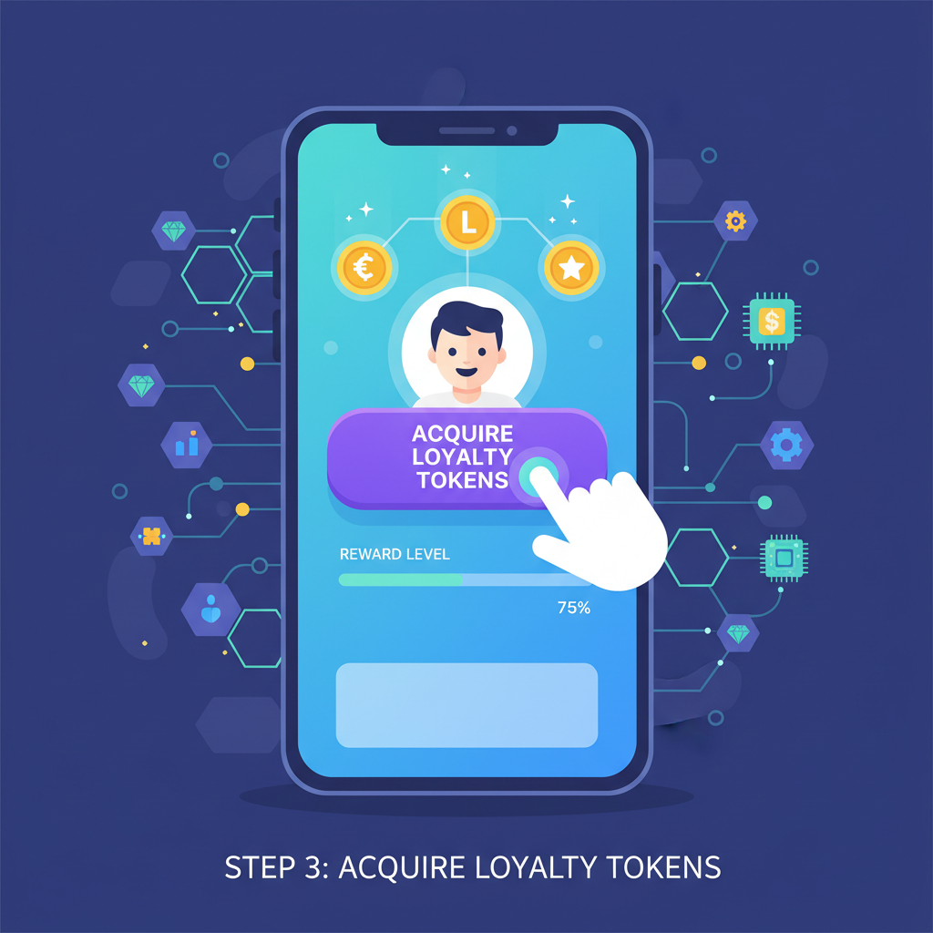 user acquiring crypto loyalty tokens on exchange app, blockchain network visualization, vibrant digital assets