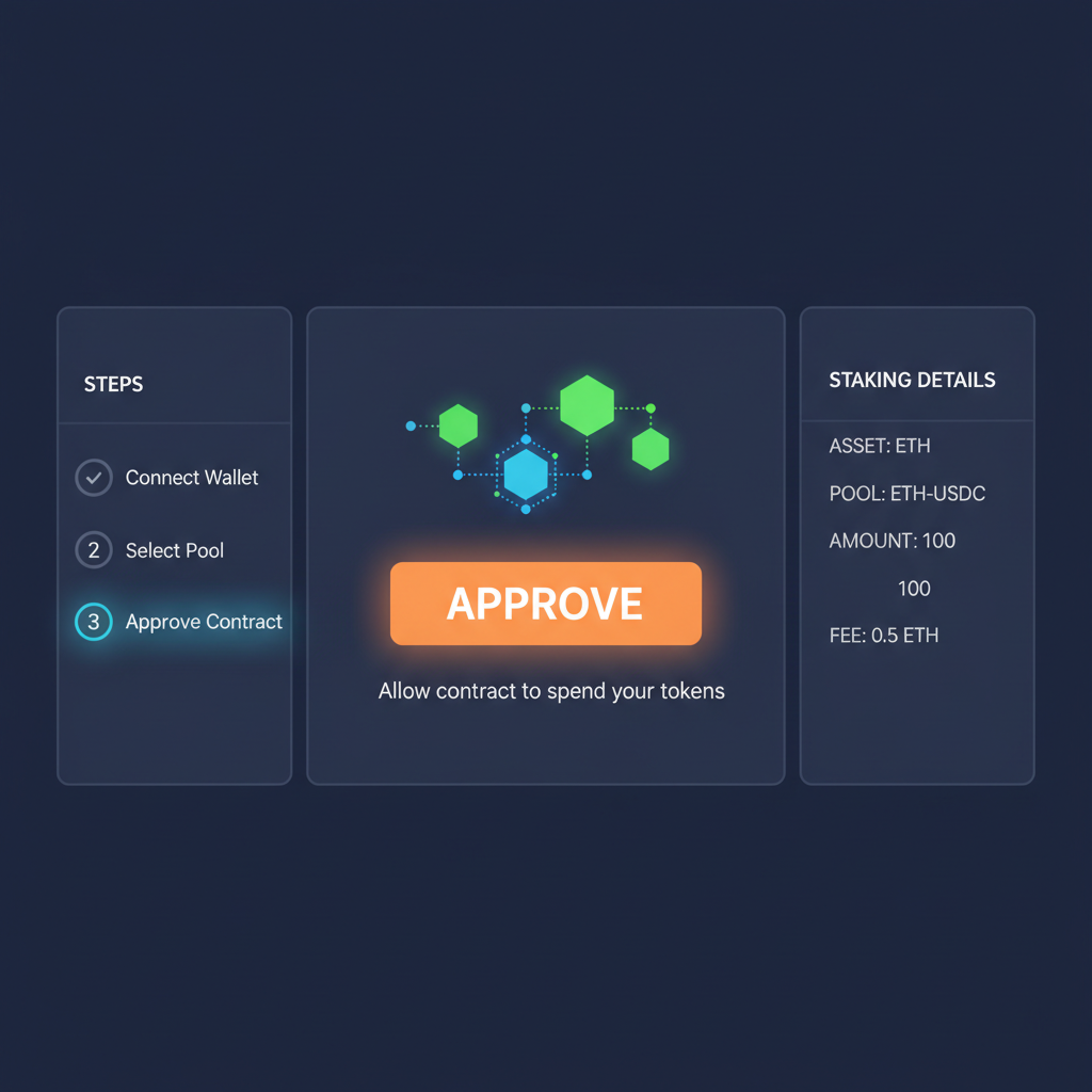 smart contract approval screen in DeFi staking UI, glowing approval button, blockchain code elements