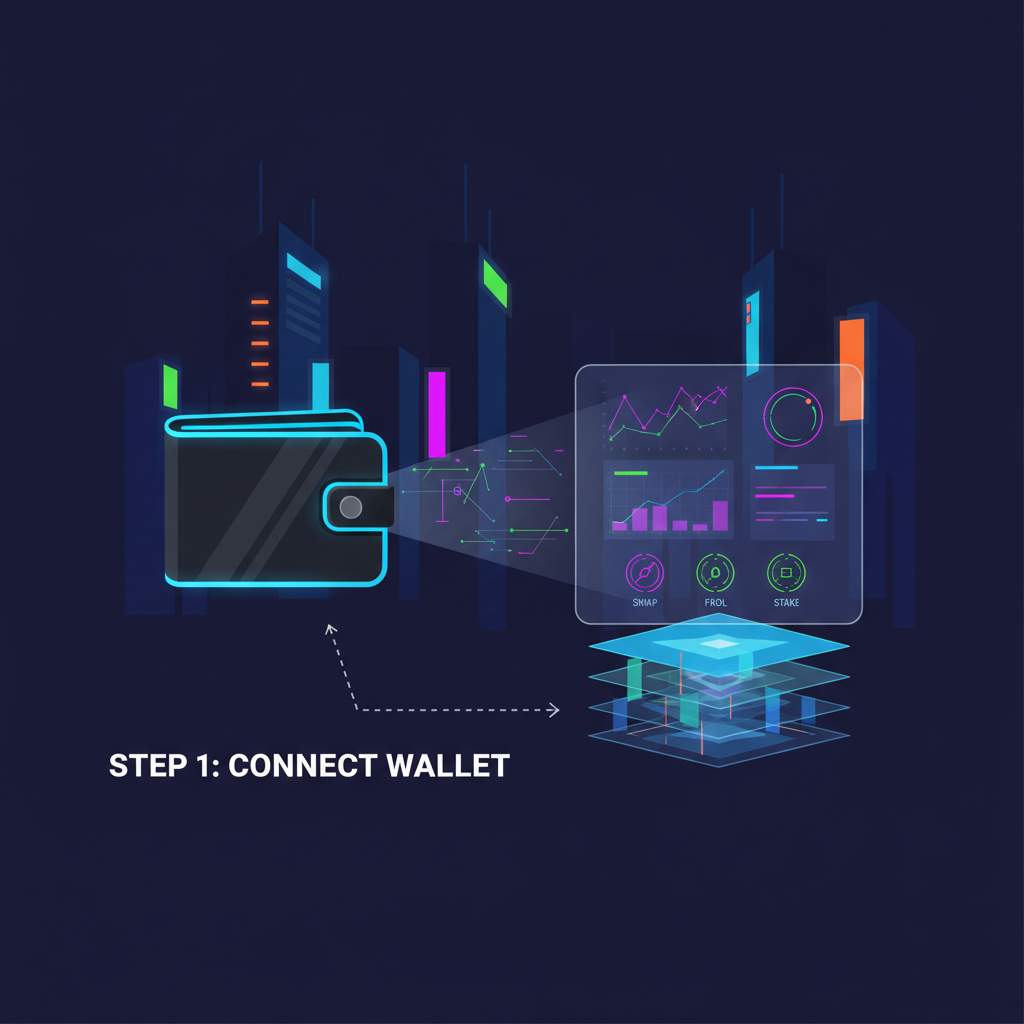 sleek web3 wallet connecting to DeFi dashboard on futuristic blockchain interface, cyberpunk style, high tech