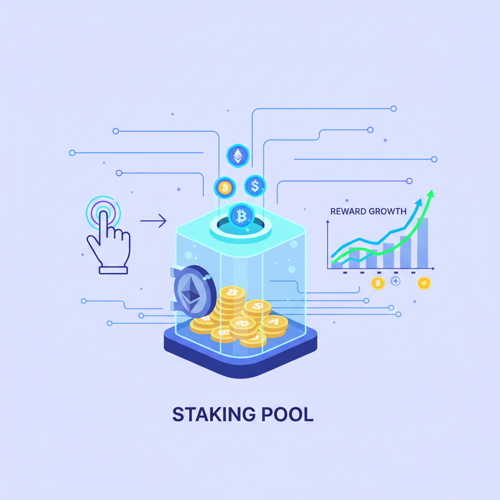depositing tokens into staking pool on blockchain platform, reward graphs rising, futuristic DeFi vault