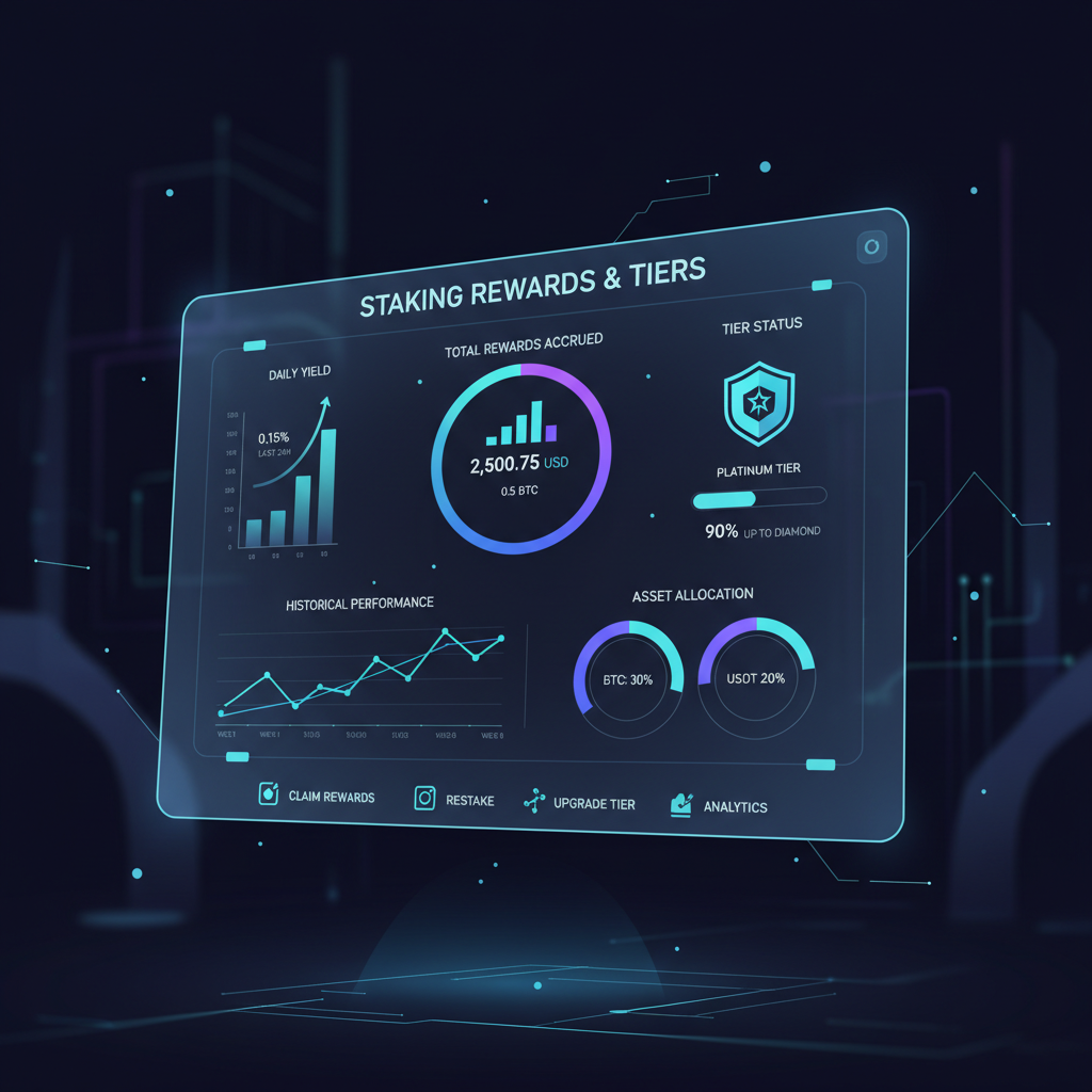 staking dashboard monitoring rewards and tiers, charts and analytics on holographic screen, cyber future