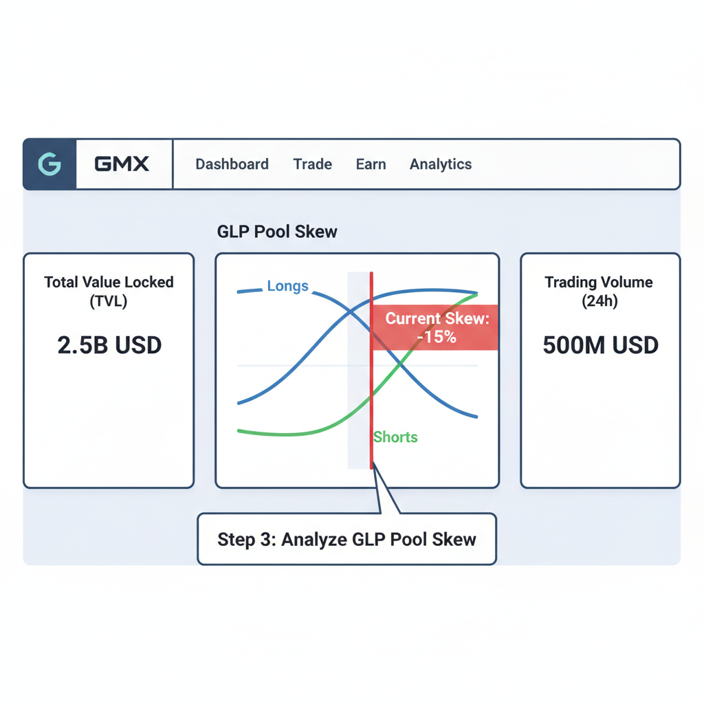 GMX analytics dashboard showing GLP pool skew chart