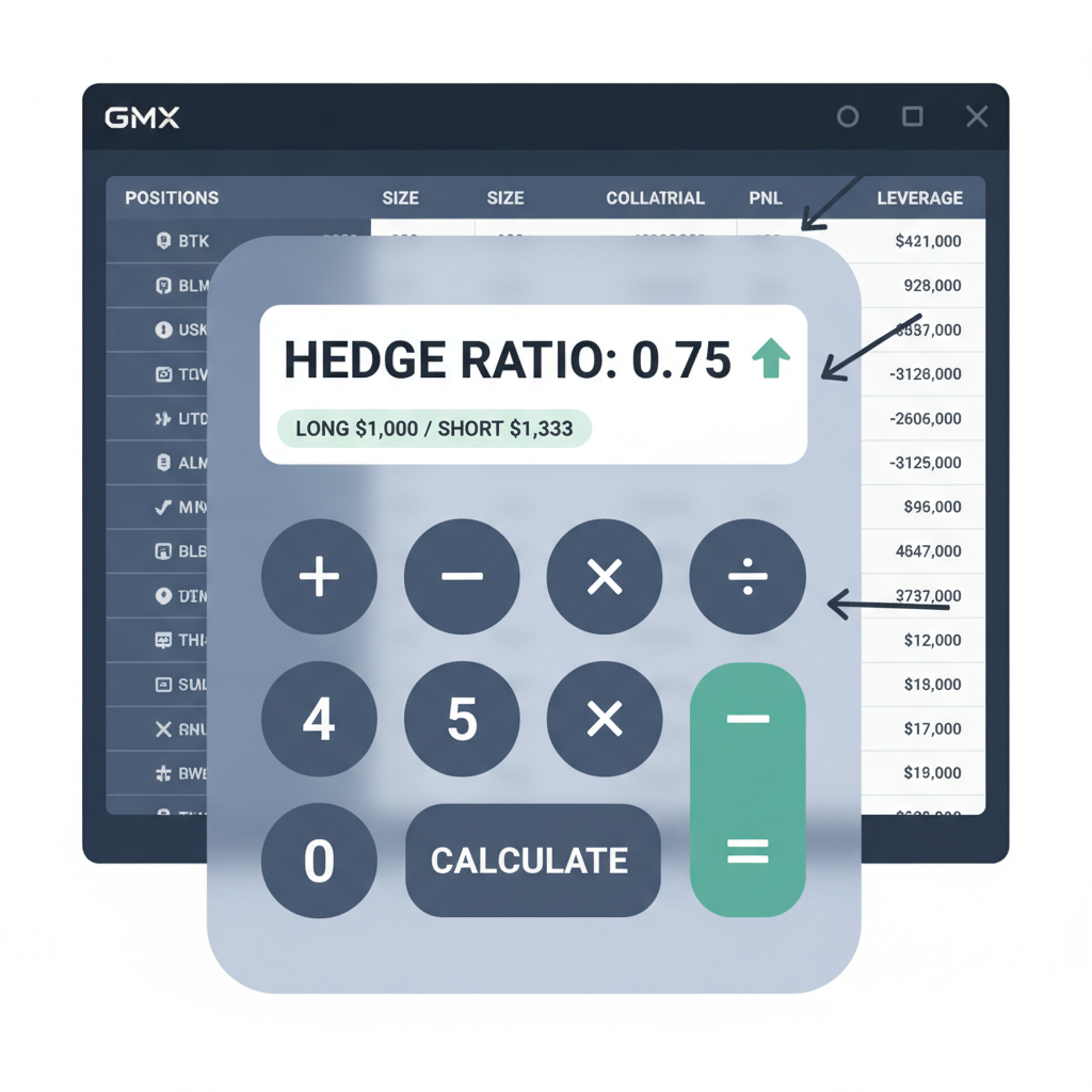 calculator overlay on GMX positions showing hedge ratio