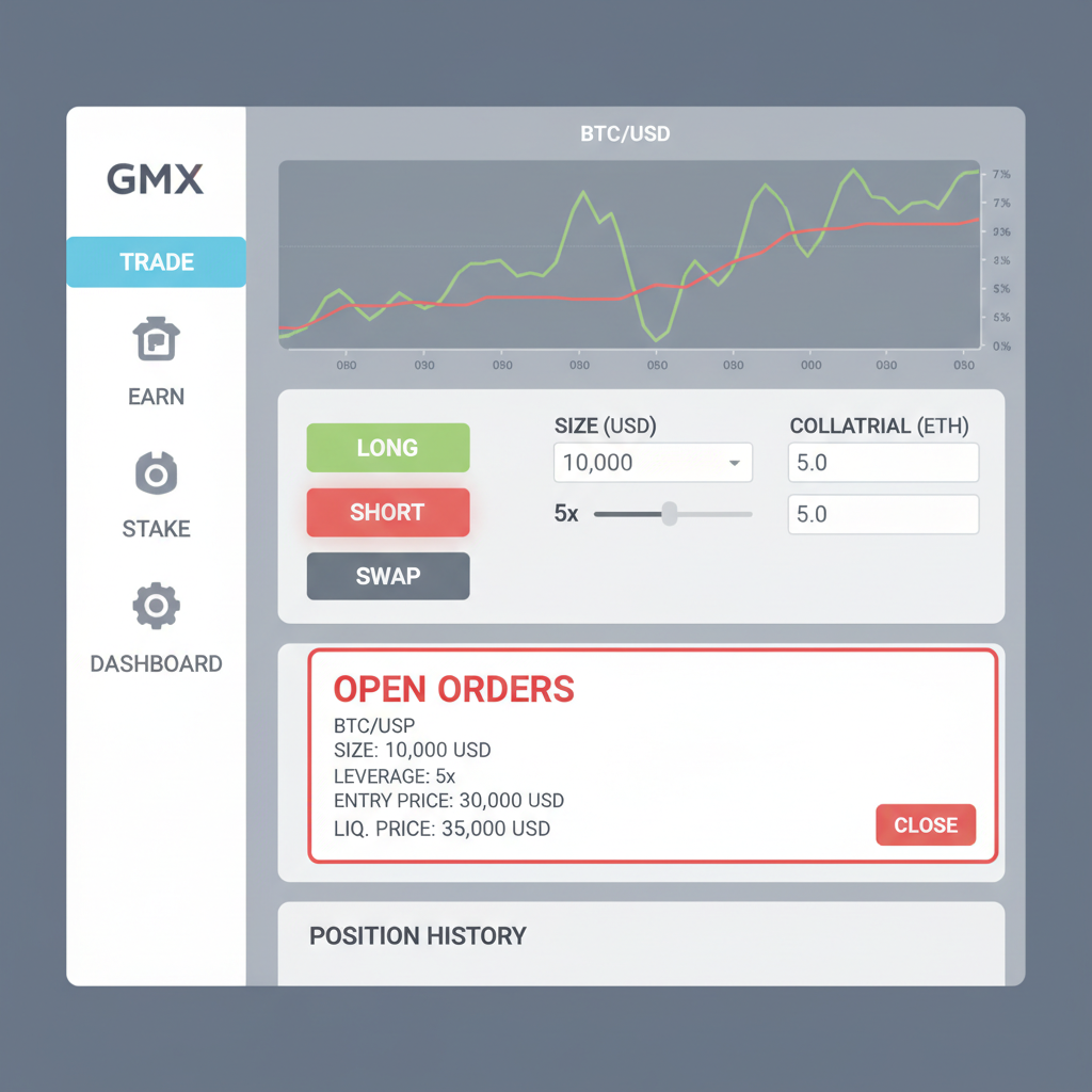 GMX trade interface with short perp order open
