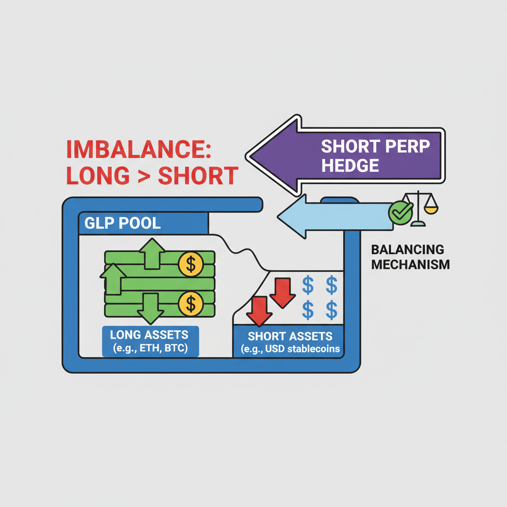 simple diagram of GLP pool imbalance with short perp hedge arrow balancing it