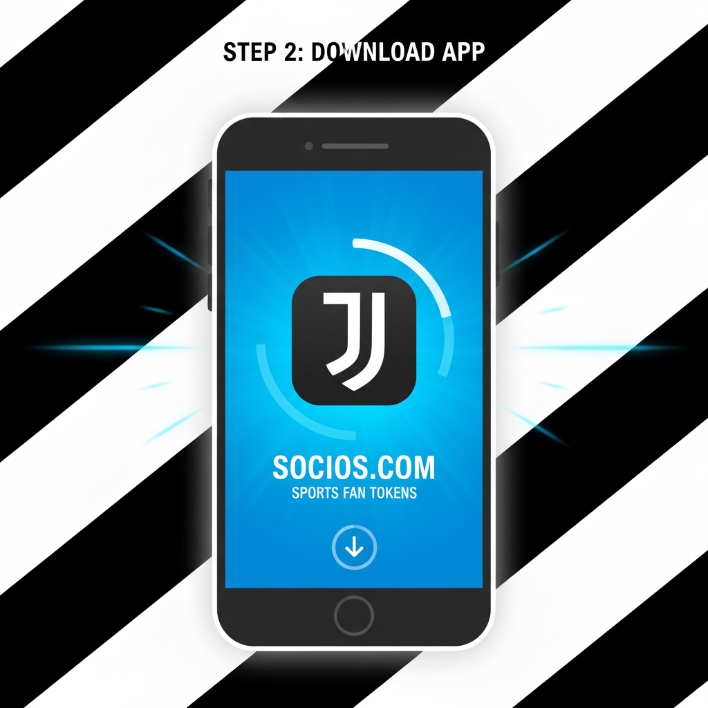 smartphone downloading Socios.com app, Juventus logo, vibrant black white stripes