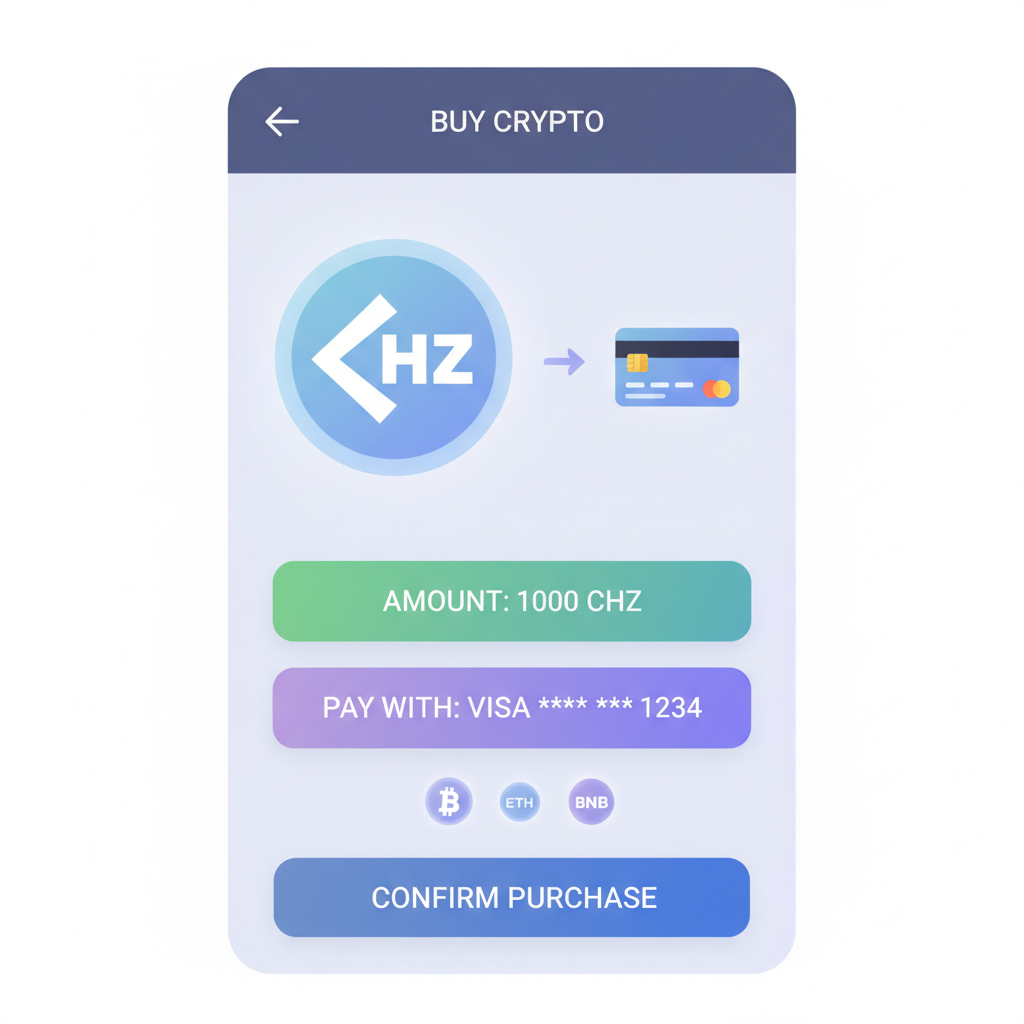 mobile wallet screen buying CHZ with credit card, crypto icons glowing