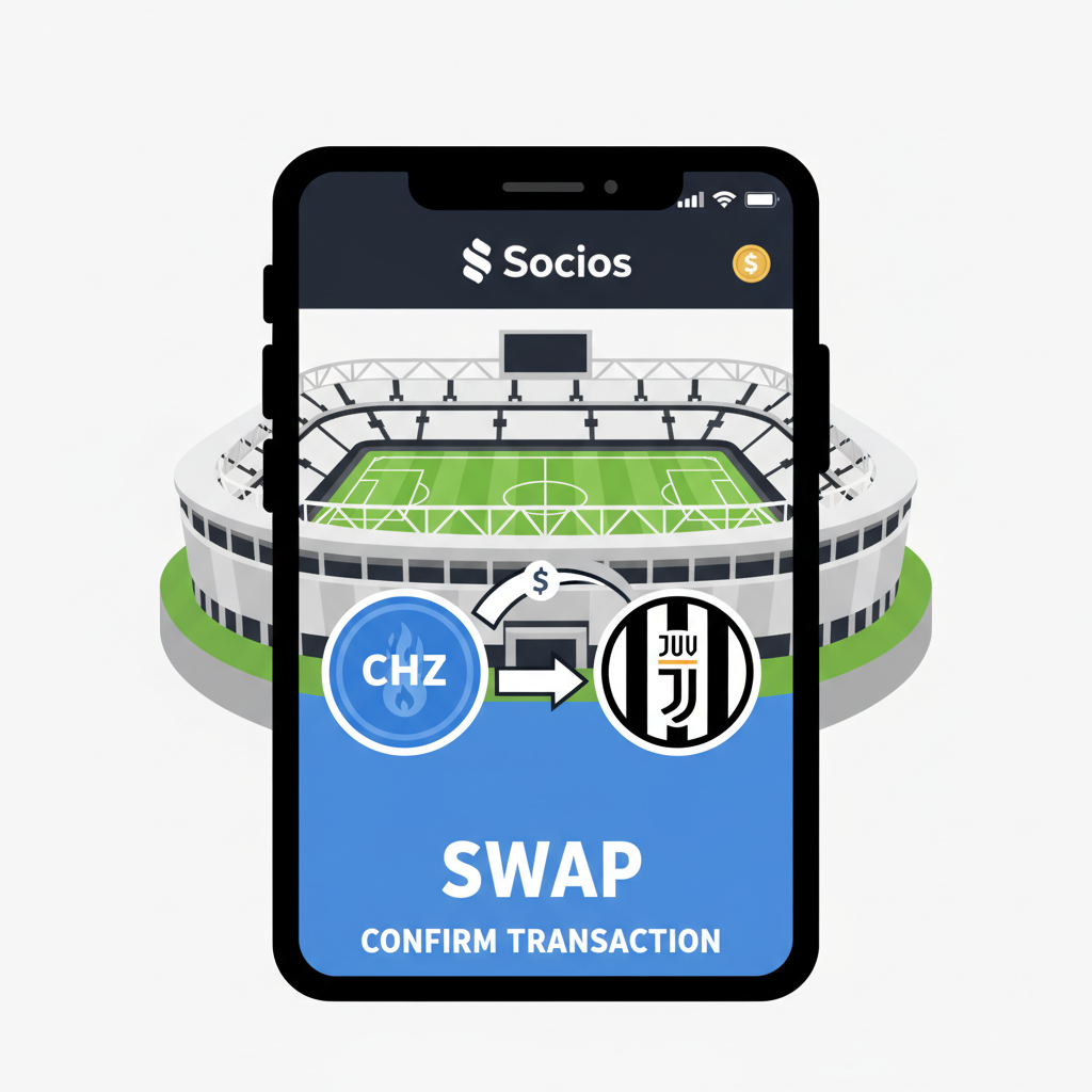 Socios app marketplace swapping CHZ to JUV tokens, Juventus stadium background