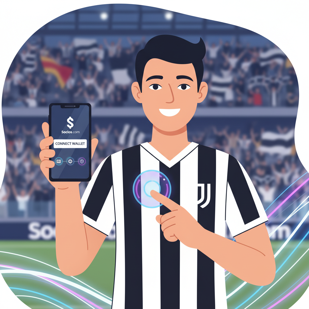 Juventus fan connecting wallet to Socios app on phone, black and white stripes, energetic soccer stadium background, vibrant digital glow