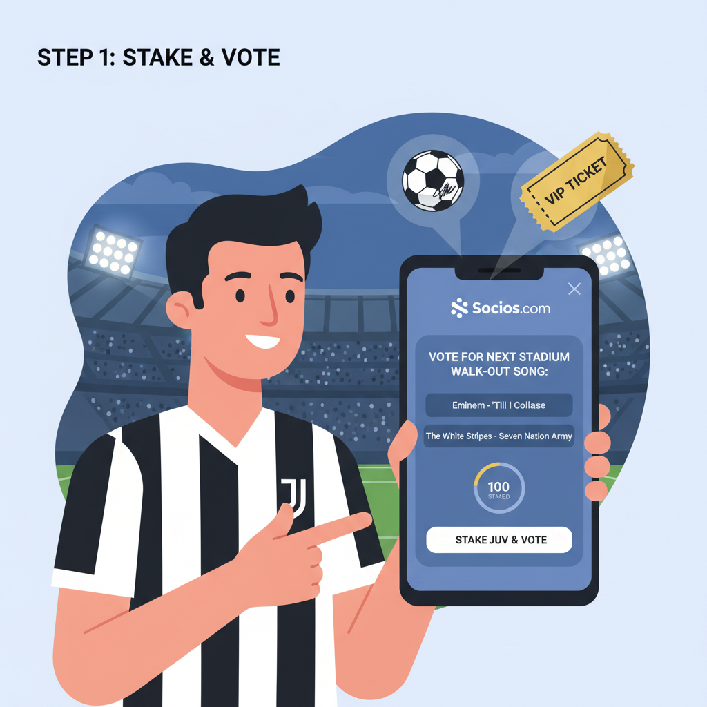 Juventus fan staking JUV tokens in Socios app, voting poll interface, rewards like signed ball and VIP ticket popping up, stadium lights