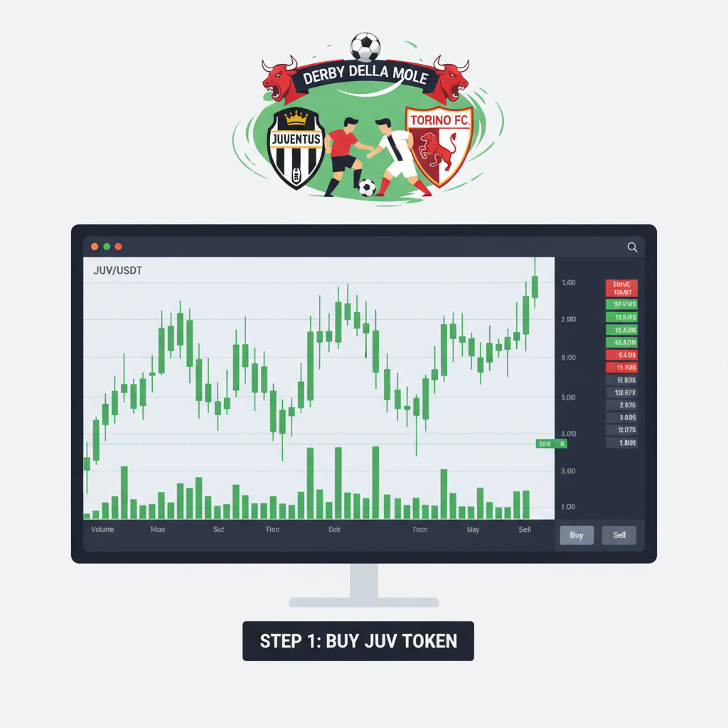 Trading JUV on Binance chart with Derby della Mole match graphic, rising green candlesticks, Juventus vs Torino rivalry energy, crypto interface