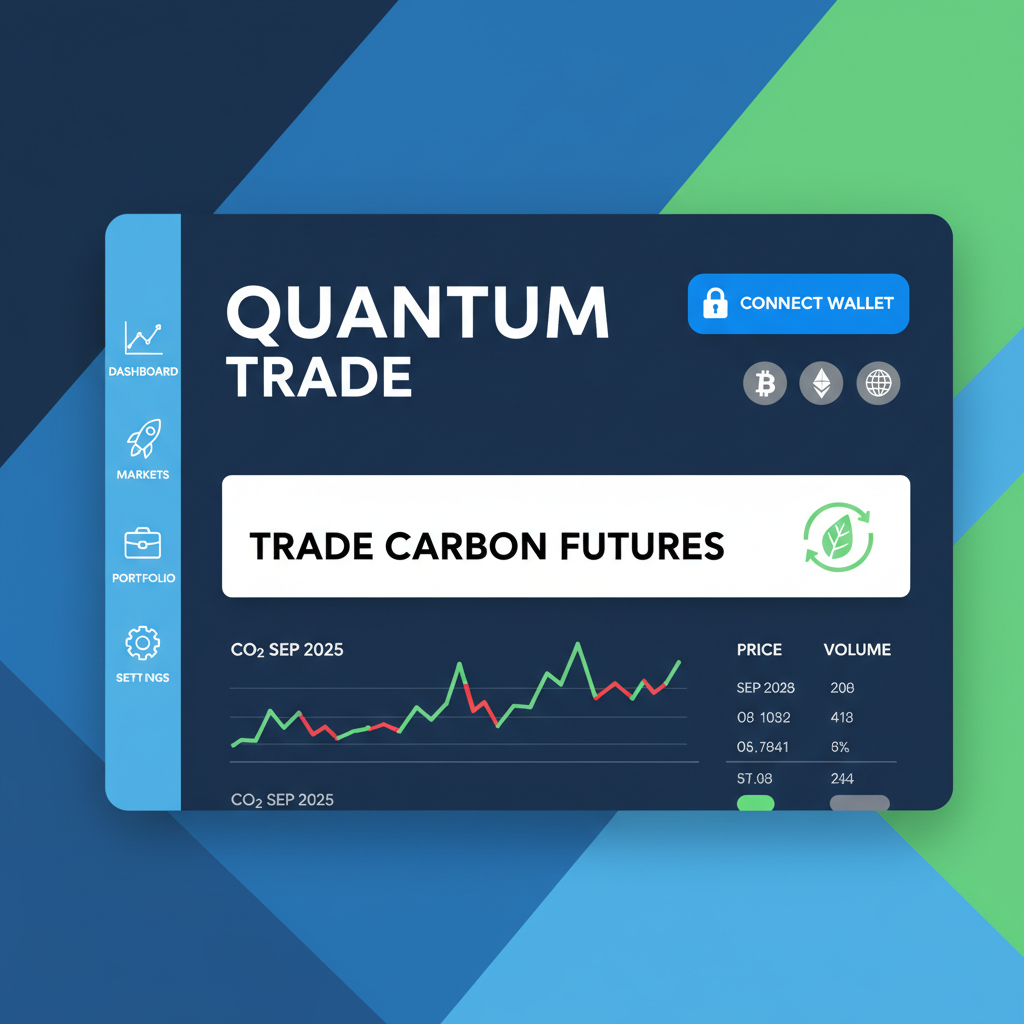 futuristic trading platform homepage with wallet connect button and carbon futures banner