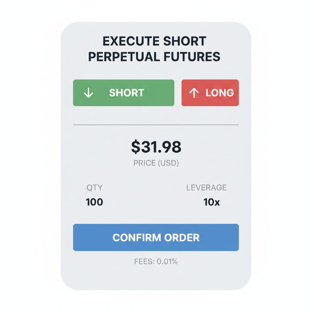 executing short perpetual futures order confirmation screen with price $31.98