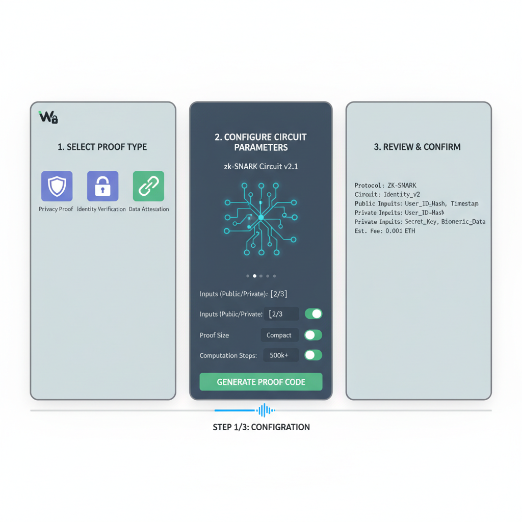 advanced ZK proof configuration dashboard in wallet, circuit diagrams and parameters