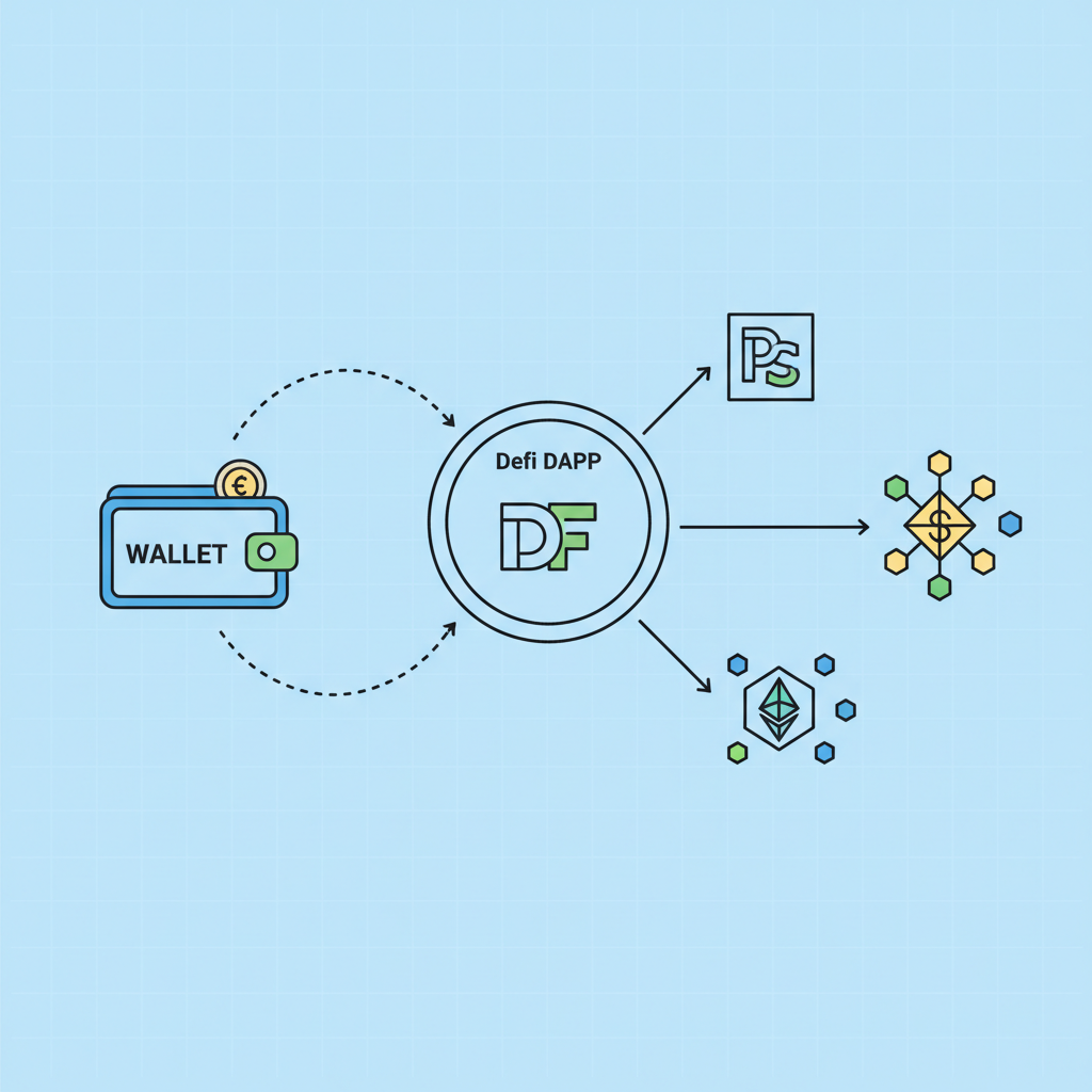 wallet connecting to DeFi dapp, blockchain network icons linking