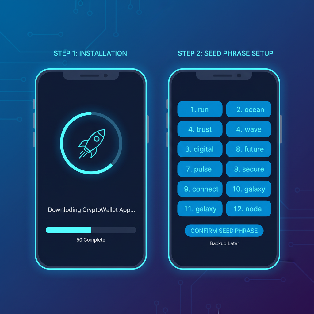 sleek mobile wallet app interface showing installation and seed phrase setup, futuristic UI, neon blues