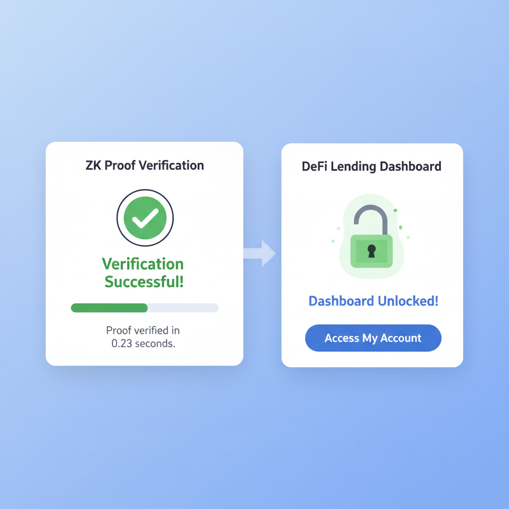 successful ZK proof verification screen, DeFi lending dashboard unlocking