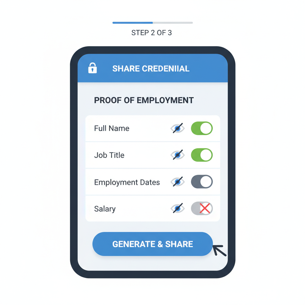 wallet UI with credential attributes checklist, toggling selective disclosure options, privacy icons