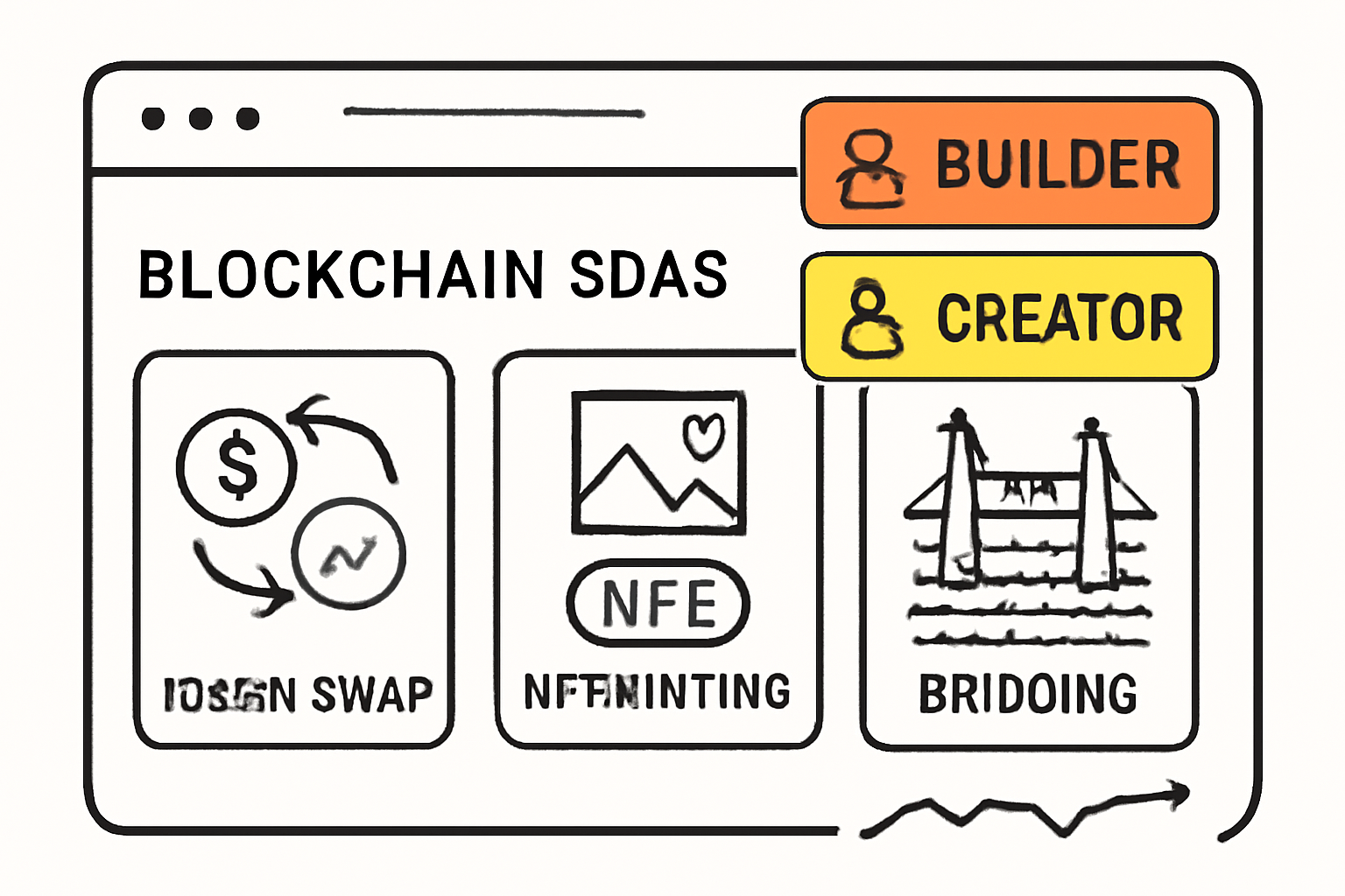 A blockchain dashboard showing token swaps, NFT minting, and bridging transactions, with highlighted Builder and Creator role badges.