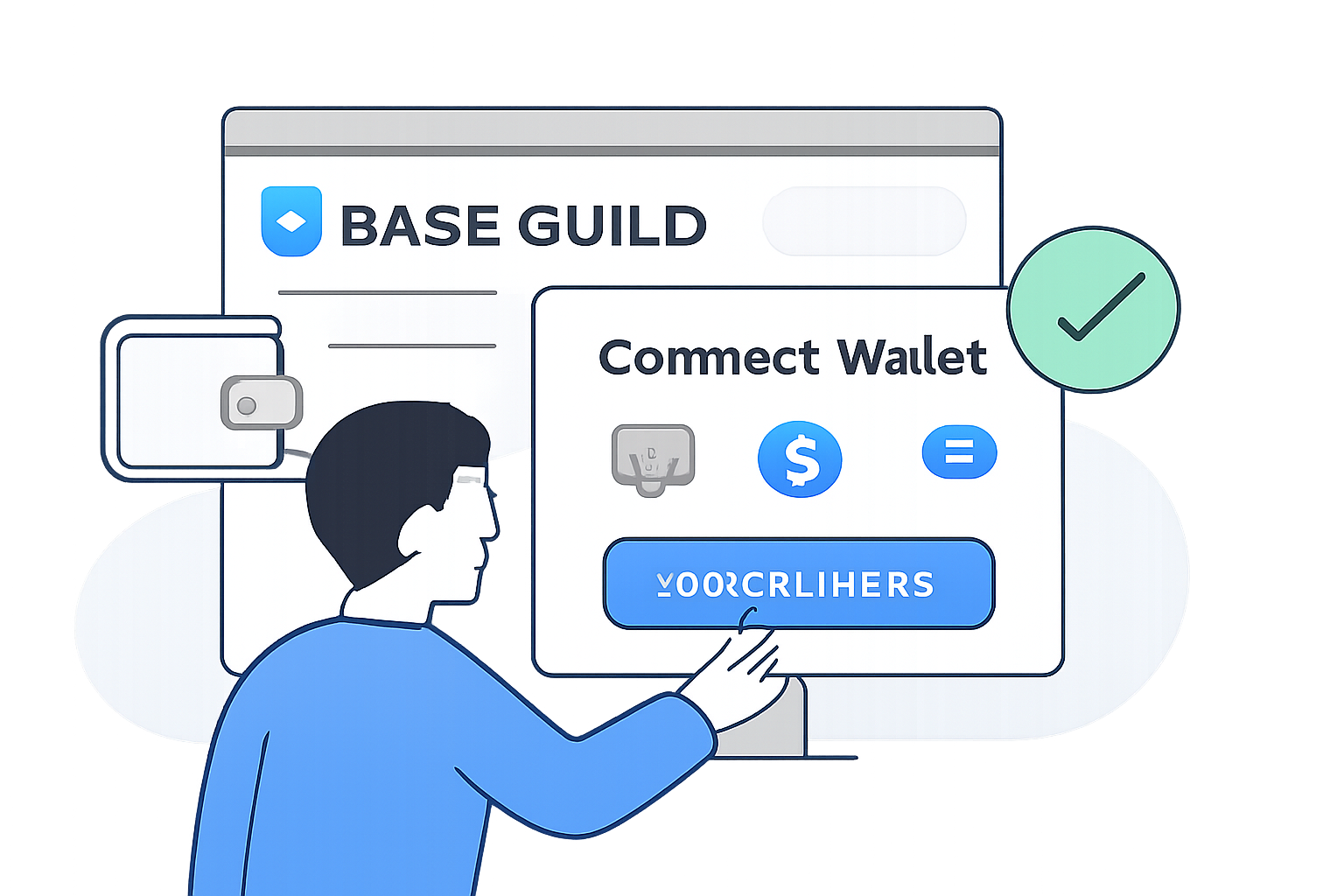 A user connecting their crypto wallet to a web dashboard, with Base Guild logo visible, digital wallet icons, and a confirmation checkmark.