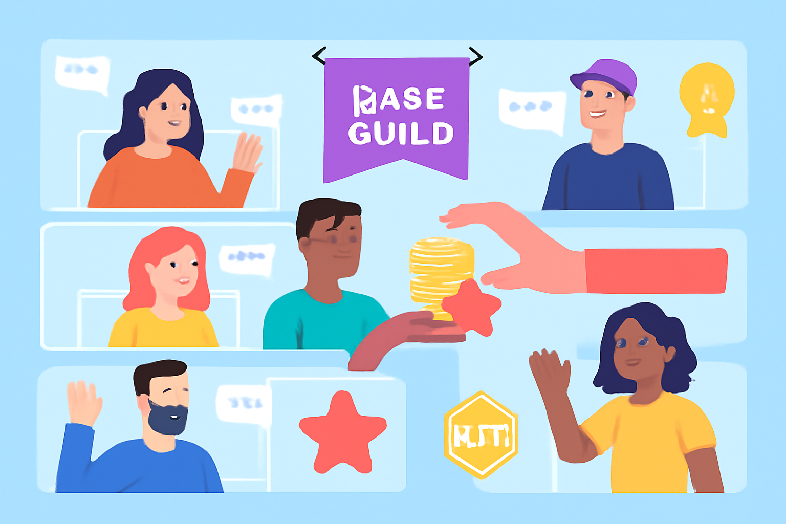 A lively online event with avatars chatting, Base Guild banners, and digital rewards being distributed, reflecting a vibrant community.