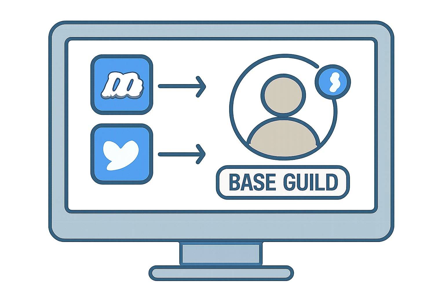 A screen showing social media icons (Discord, Twitter) being linked to a profile, with a verification badge and Base Guild branding.