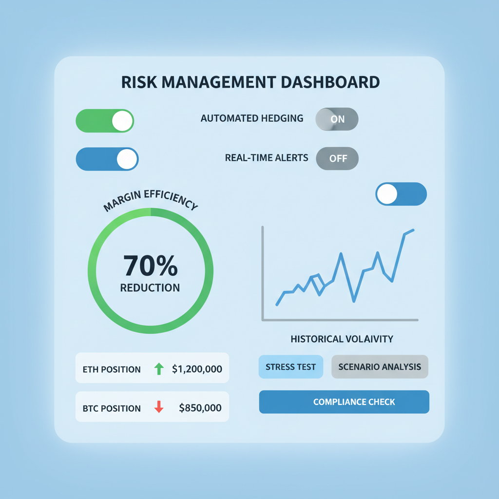 risk management dashboard with toggles, margin efficiency graph showing 70% reduction, ETH BTC positions