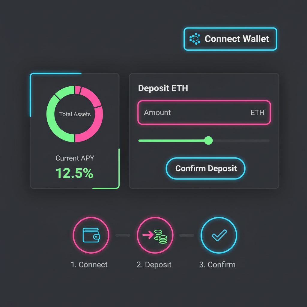 modern DeFi dashboard with wallet connect button and ETH deposit interface, sleek dark UI, neon accents