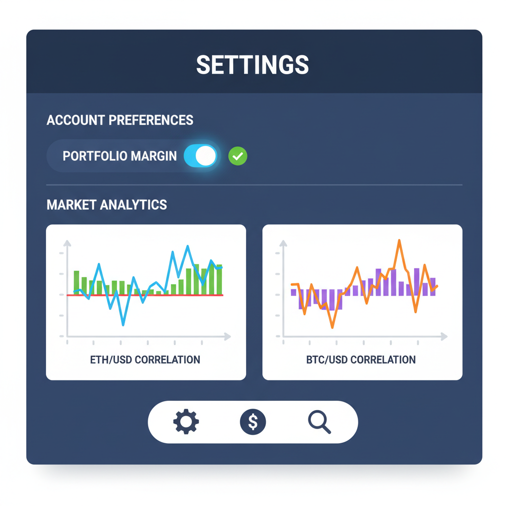 DeFi platform settings panel showing portfolio margin toggle switch activated, charts of ETH and BTC correlation