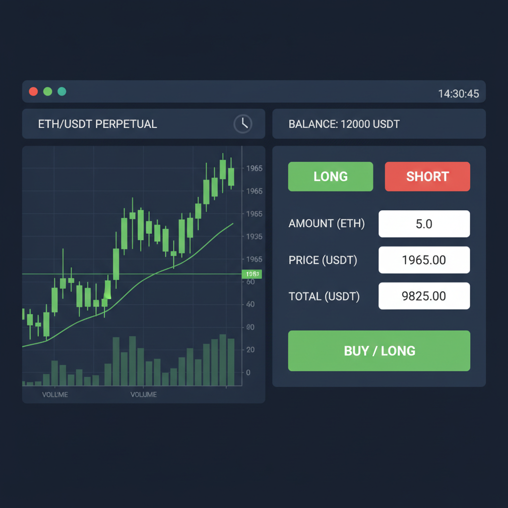 crypto trading terminal with ETH long order form filled at $1965 price, bullish candlestick chart